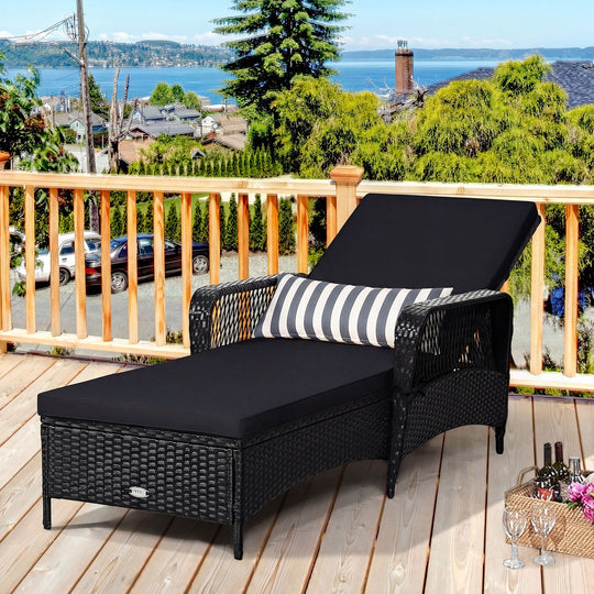 Patio Wicker Chaise Lounge Chair with Pillow and Adjustable Backrest with Cushion-Black