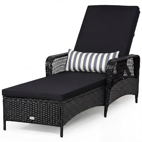 Patio Wicker Chaise Lounge Chair with Pillow and Adjustable Backrest with Cushion-Black