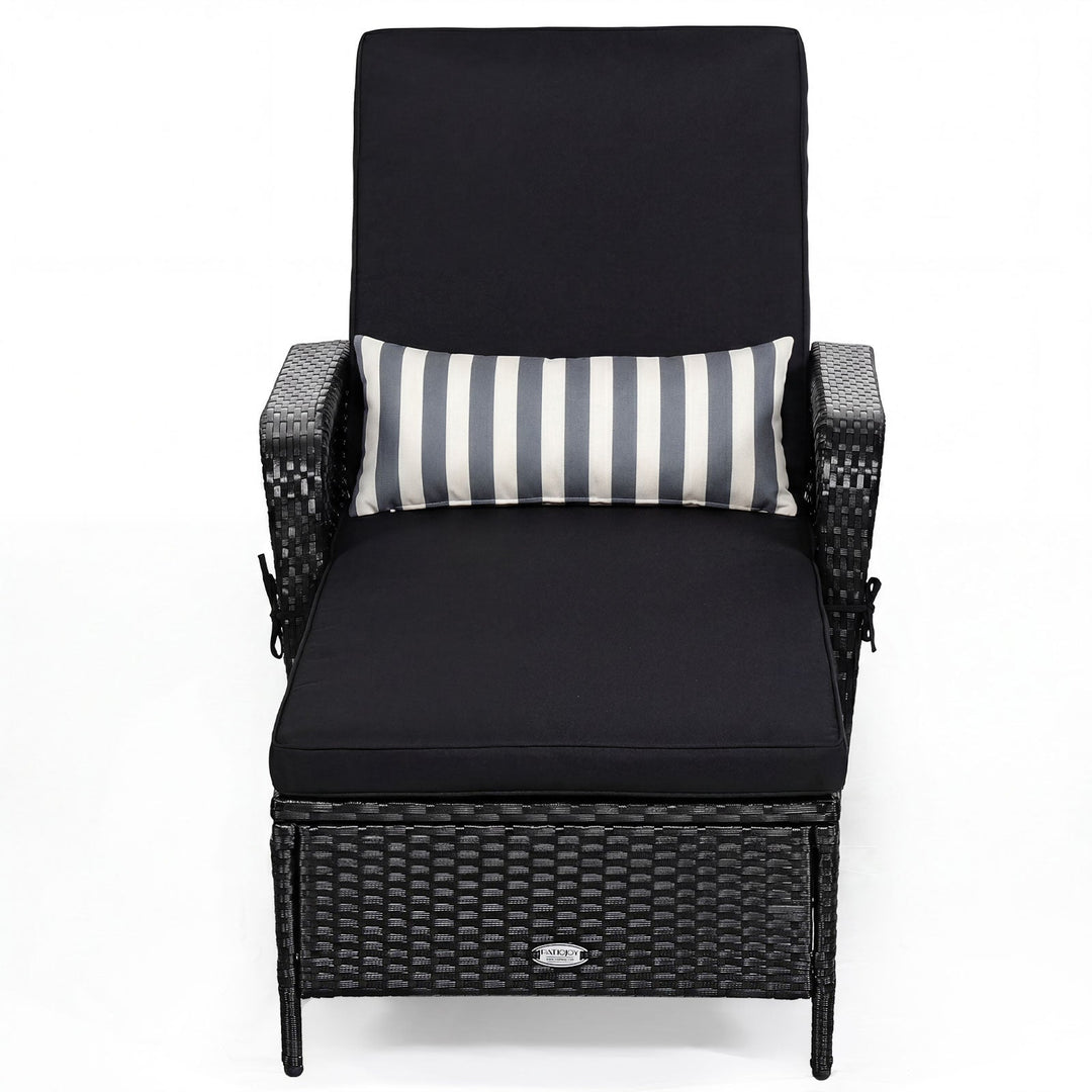 Patio Wicker Chaise Lounge Chair with Pillow and Adjustable Backrest with Cushion-Black