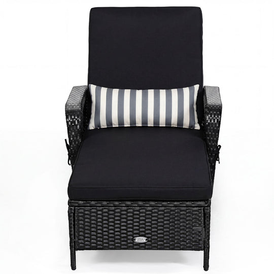 Patio Wicker Chaise Lounge Chair with Pillow and Adjustable Backrest with Cushion-Black