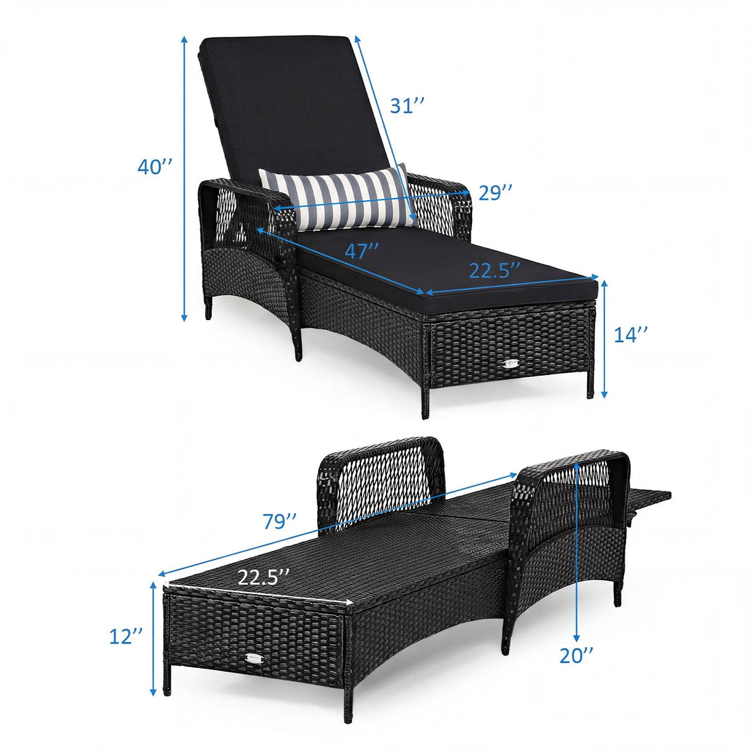 Patio Wicker Chaise Lounge Chair with Pillow and Adjustable Backrest with Cushion-Black