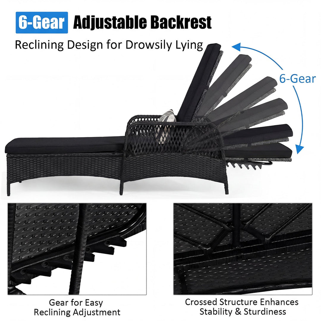 Patio Wicker Chaise Lounge Chair with Pillow and Adjustable Backrest with Cushion-Black