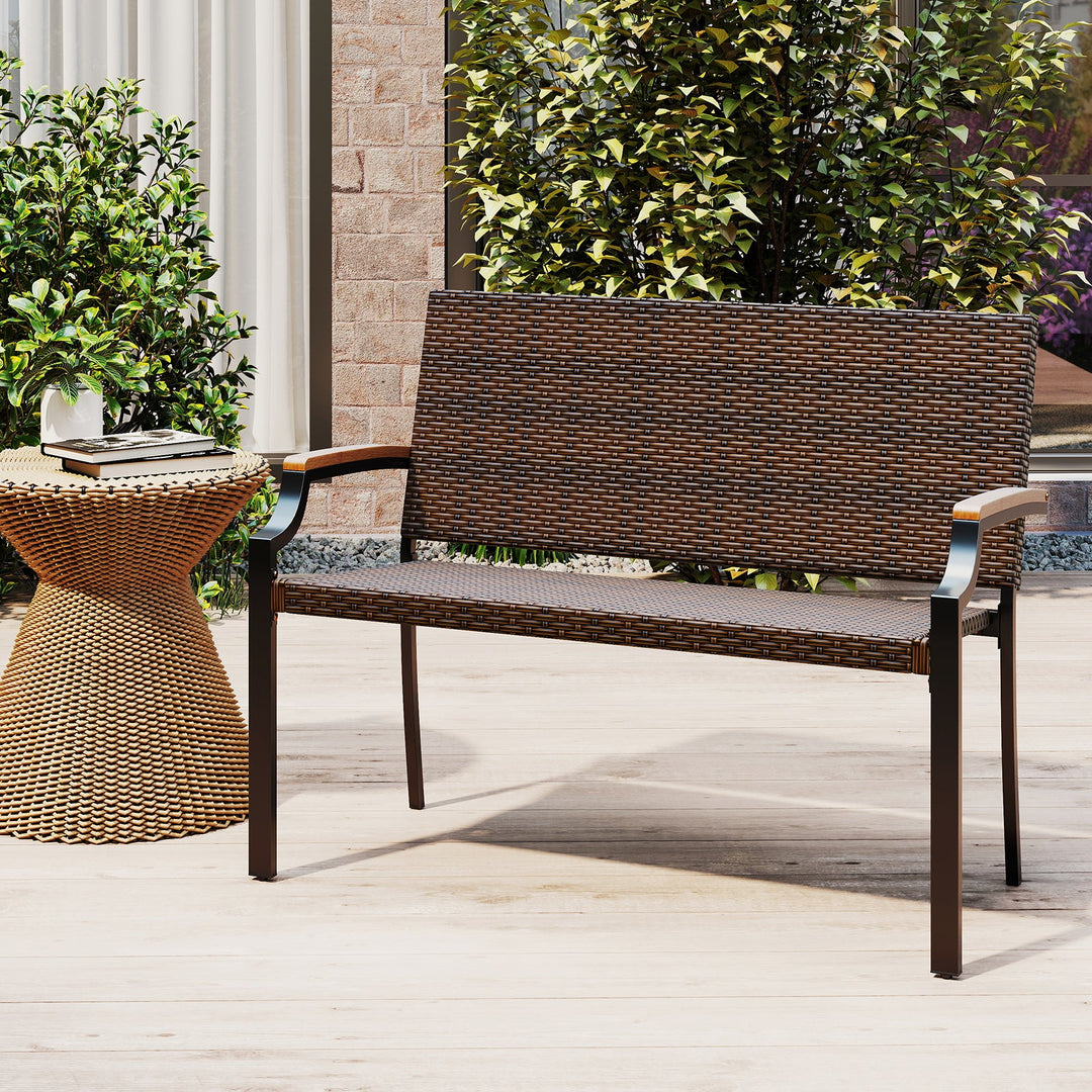 Patio Wicker Loveseat Chair with Acacia Wood Armrests and Metal Frame