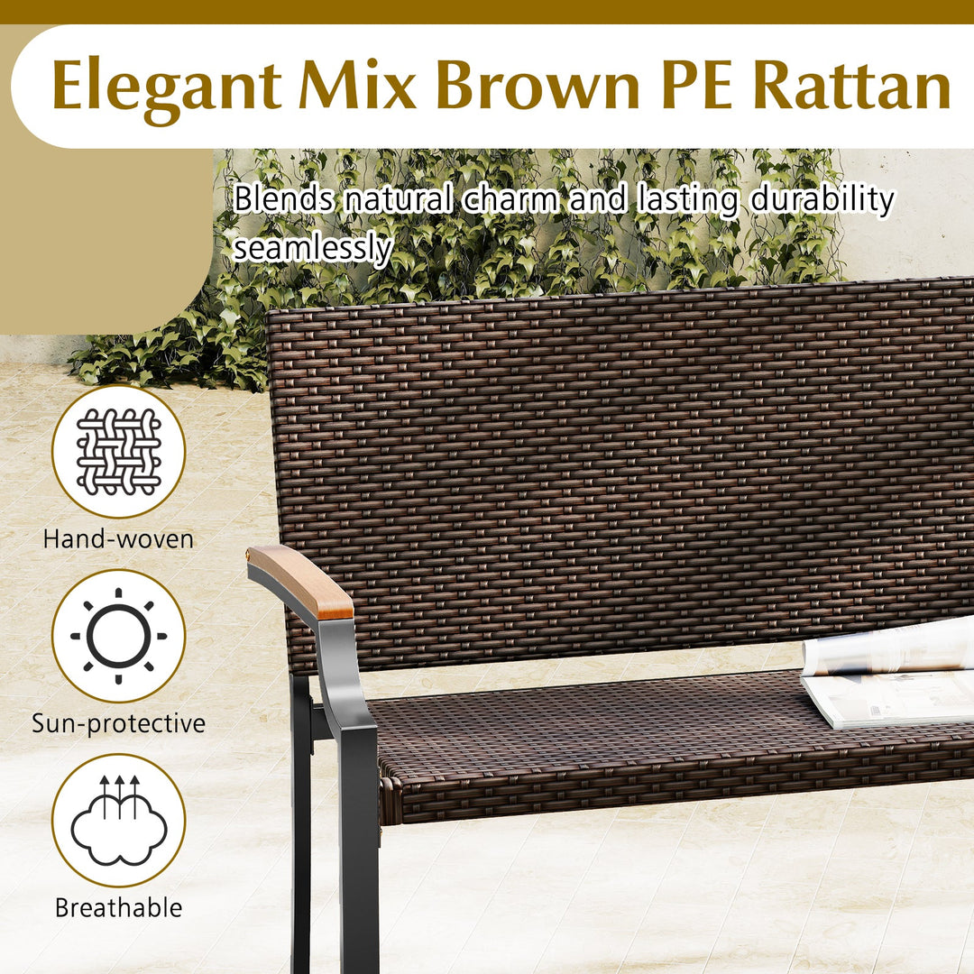 Patio Wicker Loveseat Chair with Acacia Wood Armrests and Metal Frame
