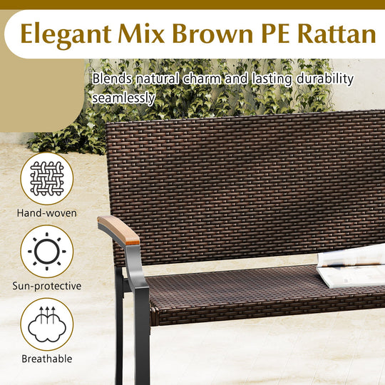 Patio Wicker Loveseat Chair with Acacia Wood Armrests and Metal Frame