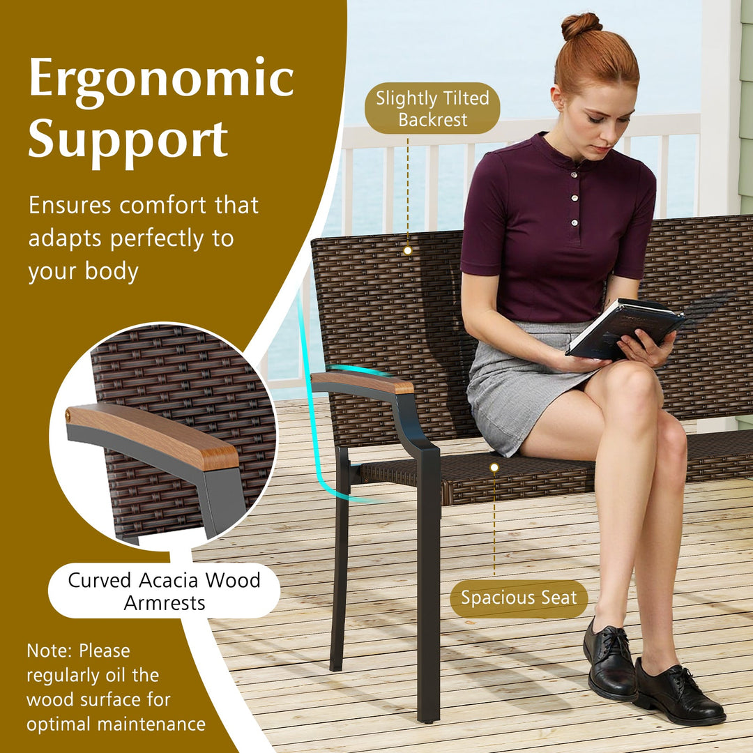 Patio Wicker Loveseat Chair with Acacia Wood Armrests and Metal Frame