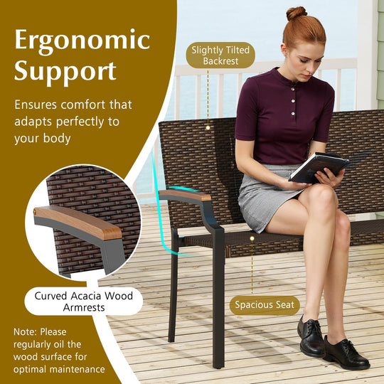 Patio Wicker Loveseat Chair with Acacia Wood Armrests and Metal Frame