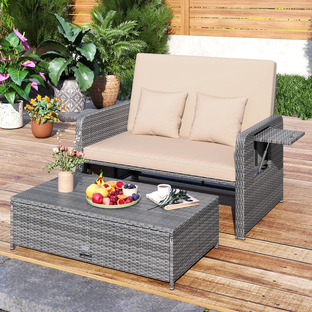 Patio Wicker Loveseat Sofa with Multipurpose Ottoman and Retractable Side Tray