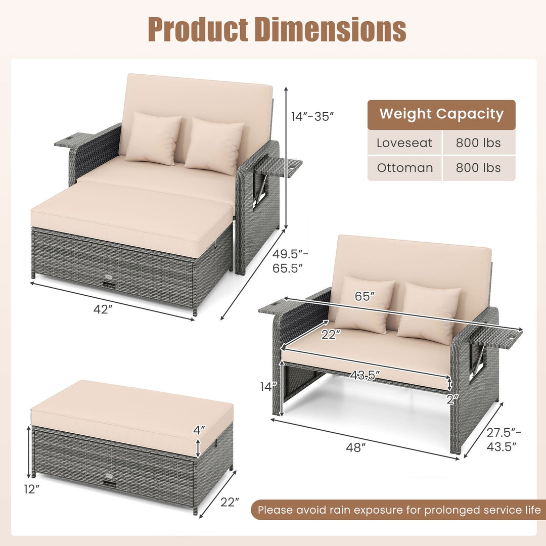Patio Wicker Loveseat Sofa with Multipurpose Ottoman and Retractable Side Tray
