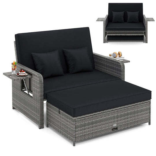 Patio Wicker Loveseat Sofa with Multipurpose Ottoman and Retractable Side Tray
