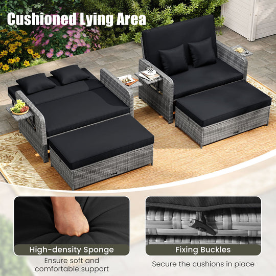 Patio Wicker Loveseat Sofa with Multipurpose Ottoman and Retractable Side Tray