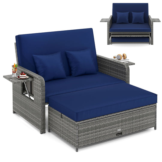 Patio Wicker Loveseat Sofa with Multipurpose Ottoman and Retractable Side Tray