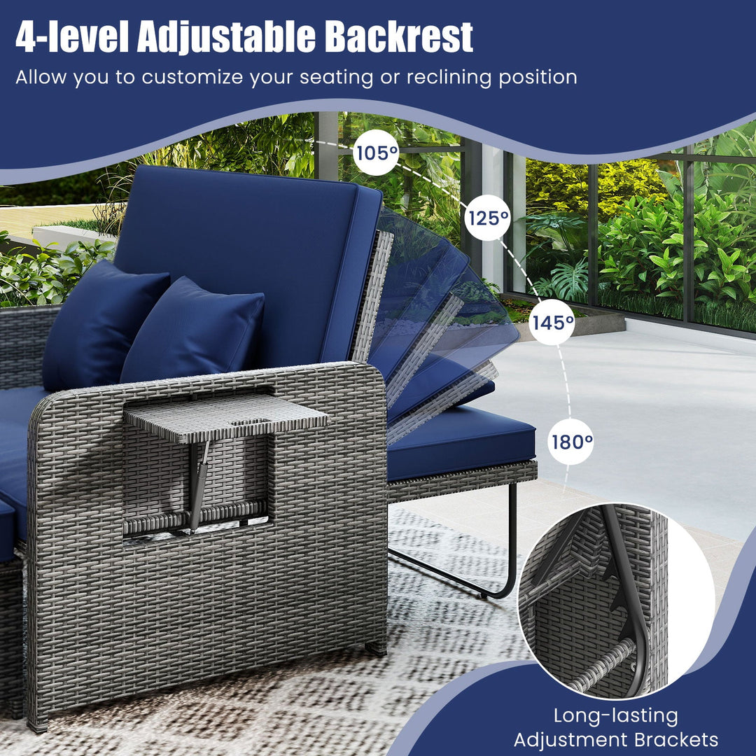 Patio Wicker Loveseat Sofa with Multipurpose Ottoman and Retractable Side Tray
