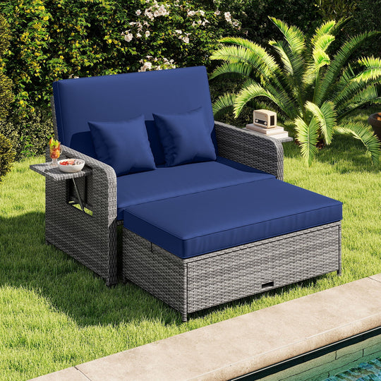 Patio Wicker Loveseat Sofa with Multipurpose Ottoman and Retractable Side Tray