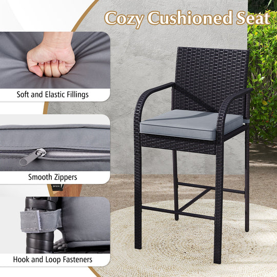 3-Piece Patio Wicker Rattan Bar Height Chairs and Square Table Set-Black