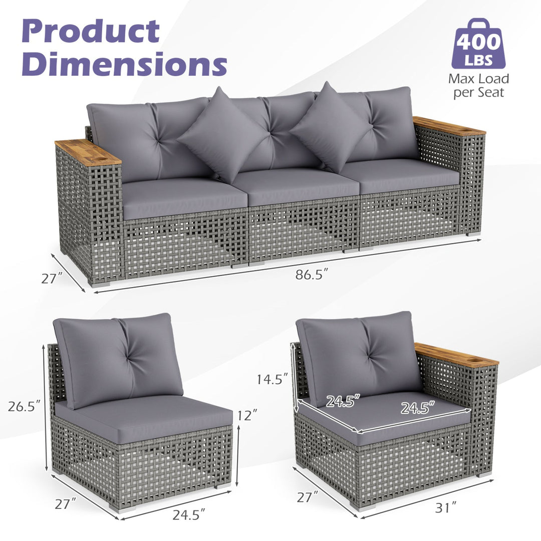 Patio Wicker Sectional Furniture Set with 1 Armless and 2 Corner Sofas for Garden