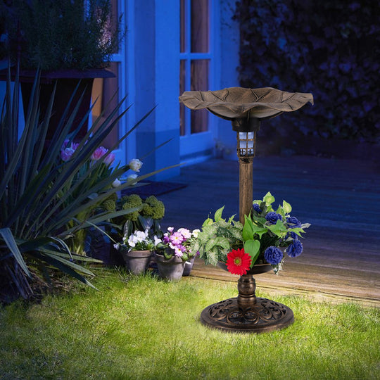 Pedestal Birdbath and Feeder with Solar Light - Lotus Leaf