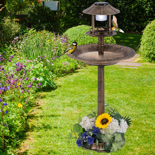 Solar Pedestal Bird Bath with Feeder and Planter - Bronze