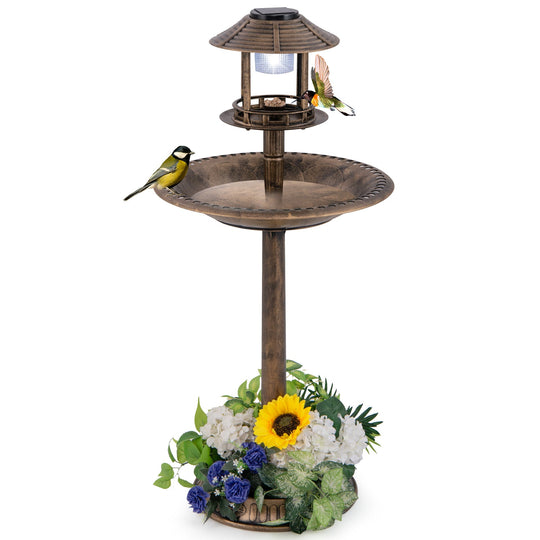 Solar Pedestal Bird Bath with Feeder and Planter - Bronze