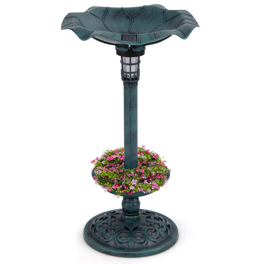 Pedestal Birdbath and Feeder with Solar Light - Lotus Leaf