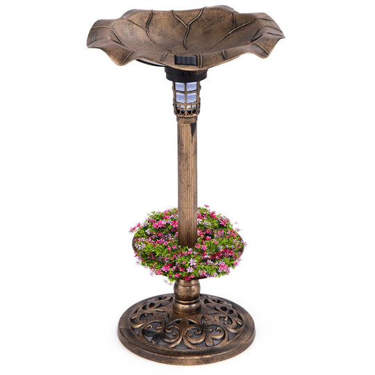 Pedestal Birdbath and Feeder with Solar Light - Lotus Leaf