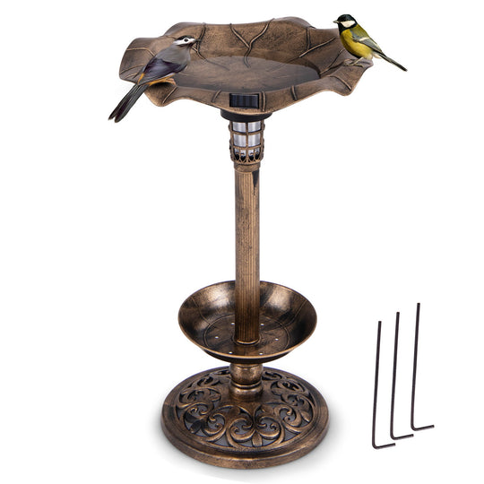 Pedestal Birdbath and Feeder with Solar Light - Lotus Leaf