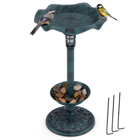 Pedestal Birdbath and Feeder with Solar Light - Lotus Leaf