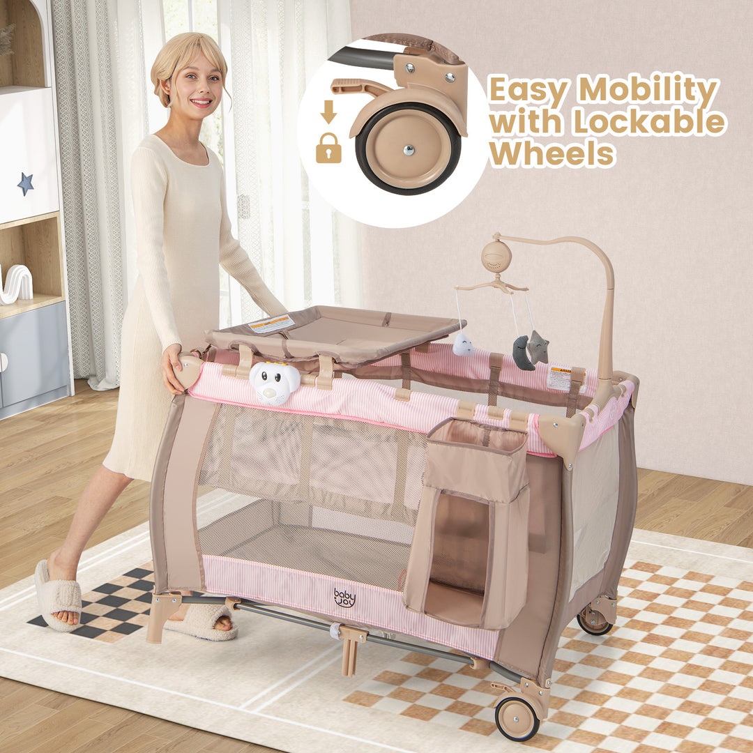 Portable Baby Playard with Changing Table Bassinet and Music Box-Pink