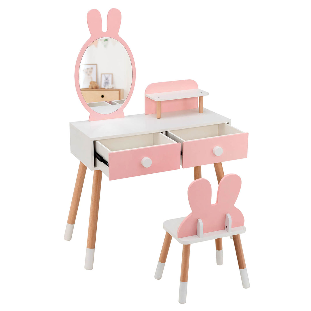 Kids Vanity Table and Chair Set with Drawer Shelf and Rabbit Mirror-Pink