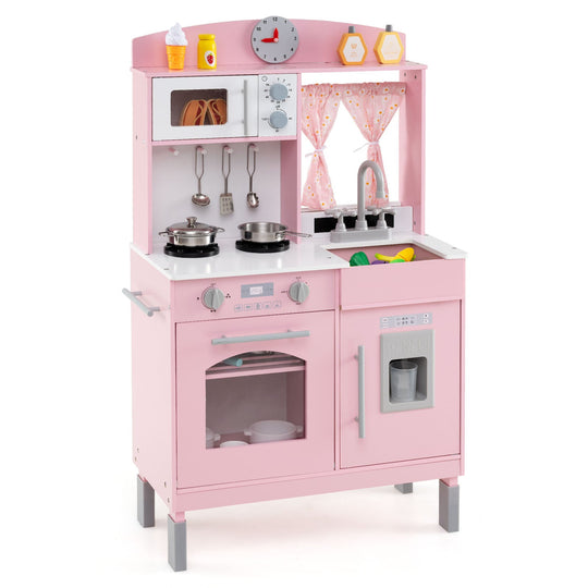 Play Kitchen for Kids Wooden Chef Pretend Playset with 3 Adjustable Heights Microwave