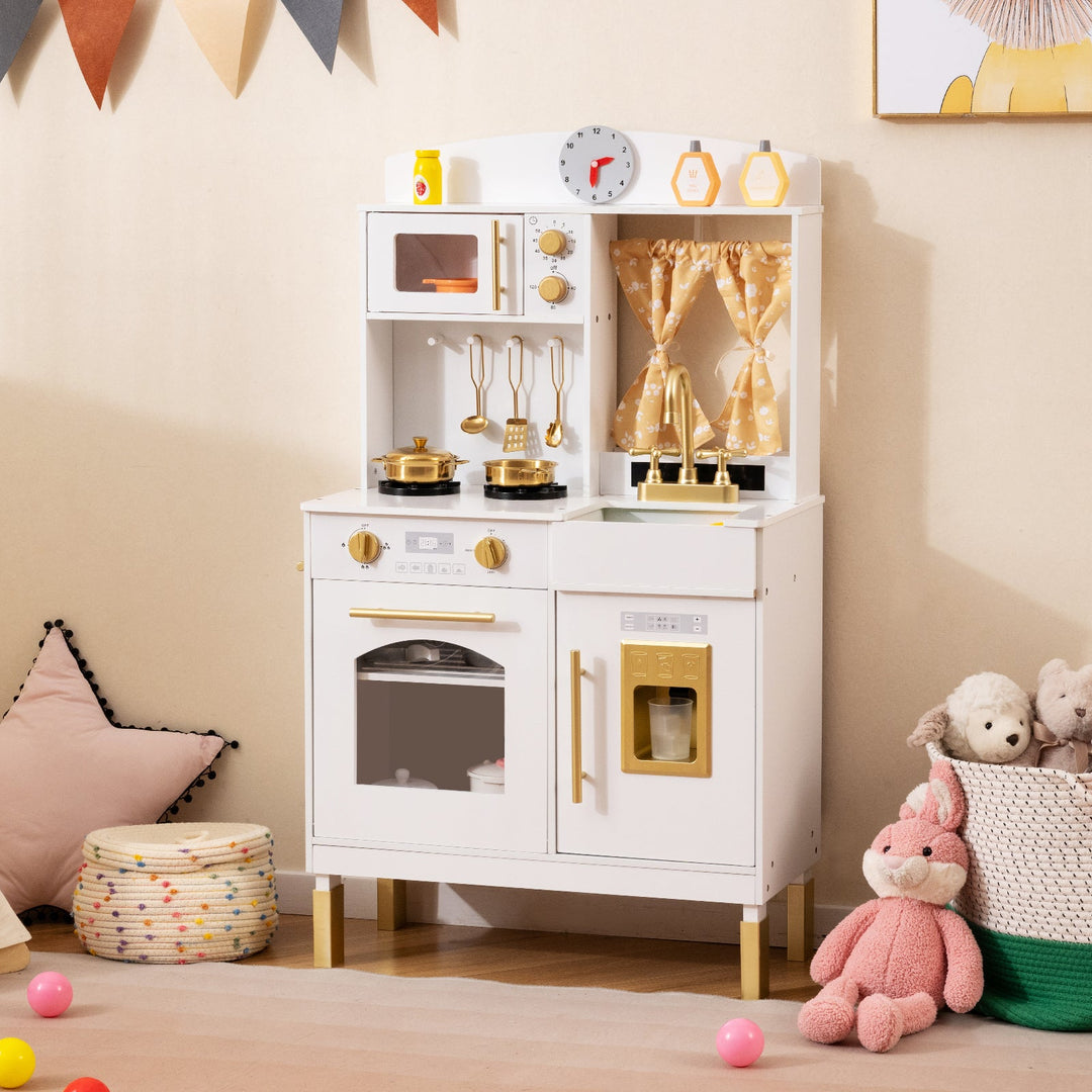 Play Kitchen for Kids Wooden Chef Pretend Playset with 3 Adjustable Heights Microwave