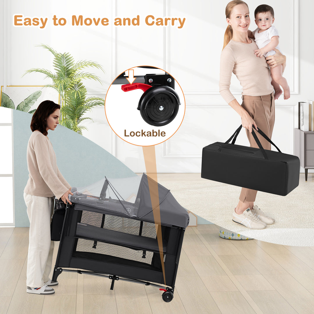 Foldable Baby Bassinet with 4 Adjustable Heights Changing Table and Mattress-Black