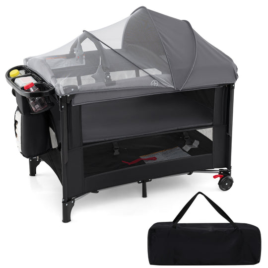 Foldable Baby Bassinet with 4 Adjustable Heights Changing Table and Mattress-Black