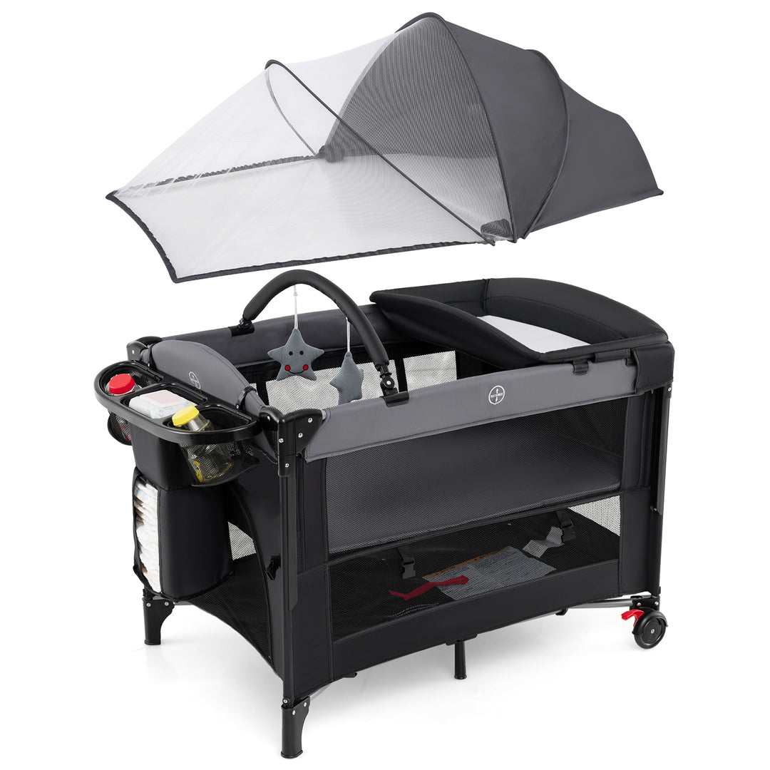 Foldable Baby Bassinet with 4 Adjustable Heights Changing Table and Mattress-Black