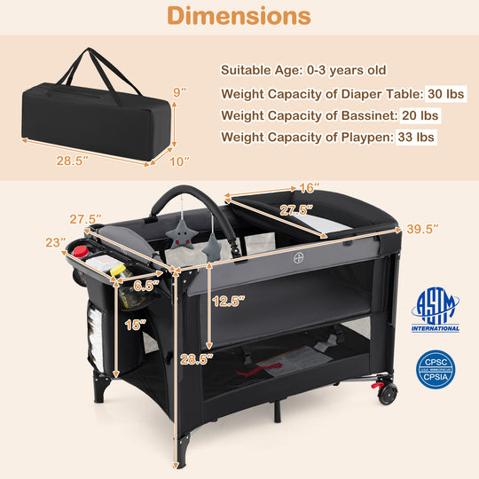 Foldable Baby Bassinet with 4 Adjustable Heights Changing Table and Mattress-Black