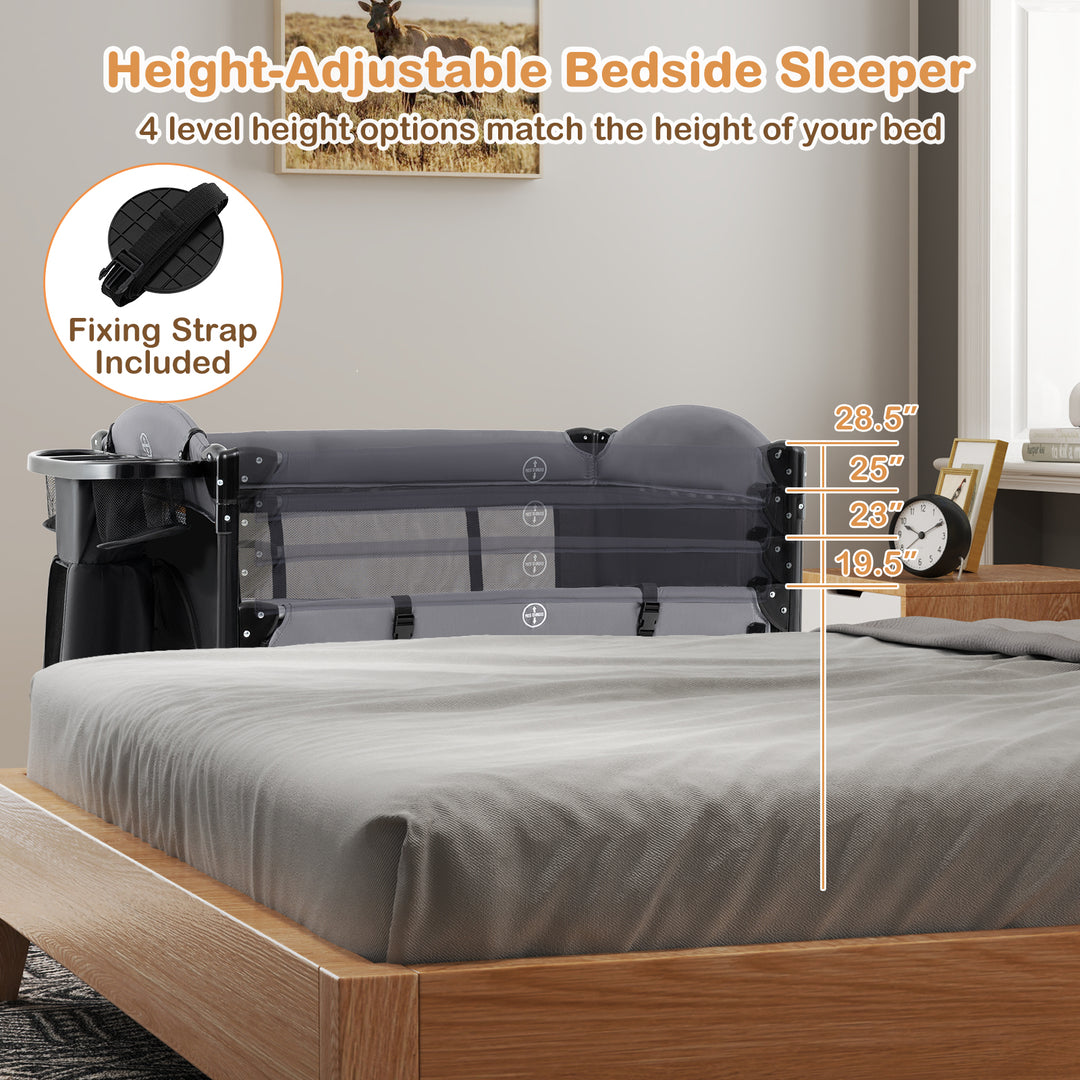 Foldable Baby Bassinet with 4 Adjustable Heights Changing Table and Mattress-Black