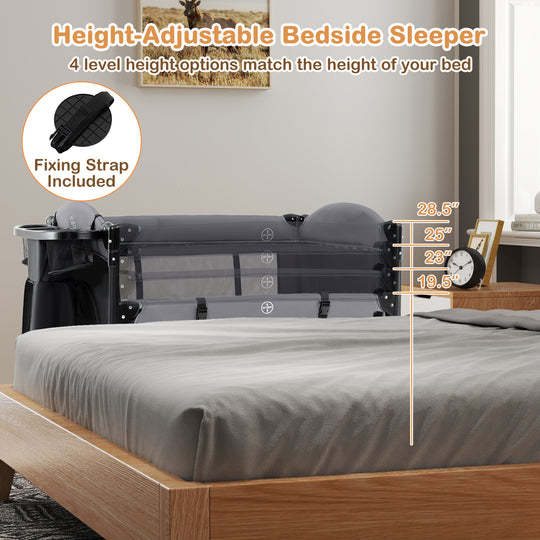 Foldable Baby Bassinet with 4 Adjustable Heights Changing Table and Mattress-Black