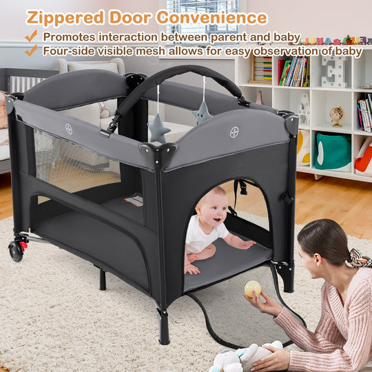 Foldable Baby Bassinet with 4 Adjustable Heights Changing Table and Mattress-Black