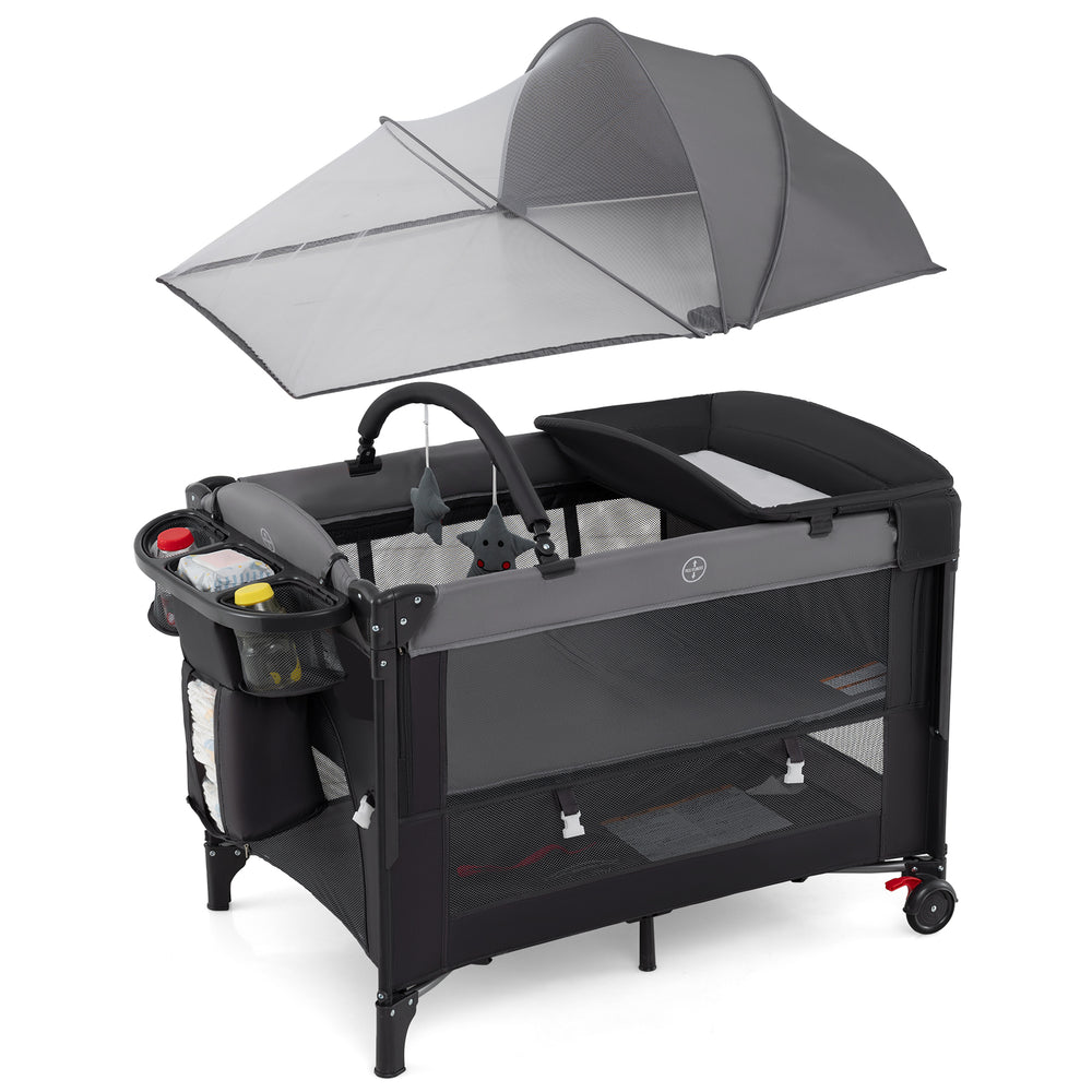 Foldable Baby Bassinet with 4 Adjustable Heights Changing Table and Mattress-Gray