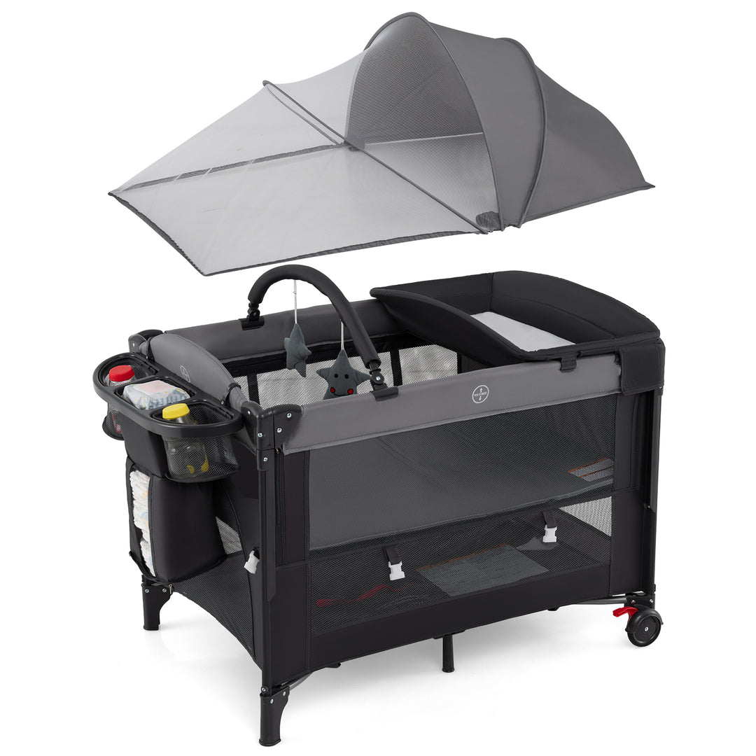 Foldable Baby Bassinet with 4 Adjustable Heights Changing Table and Mattress-Gray