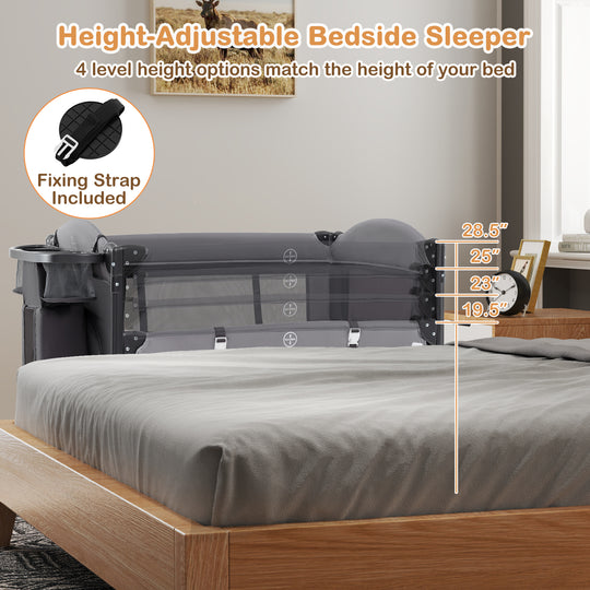 Foldable Baby Bassinet with 4 Adjustable Heights Changing Table and Mattress-Gray