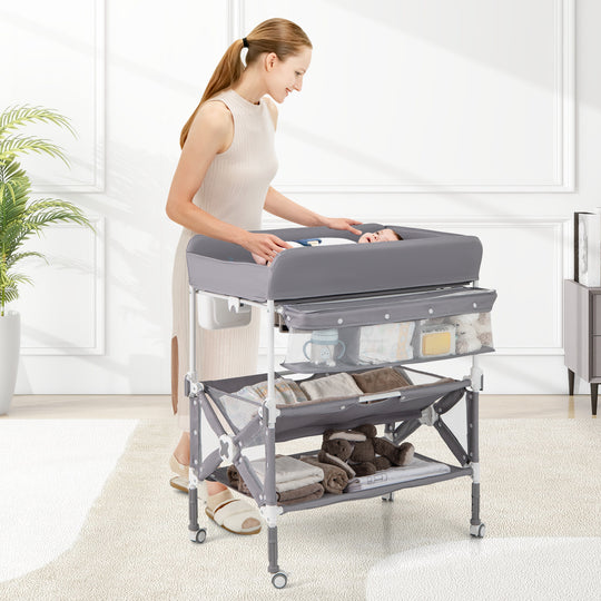 Portable Baby Changing Table with Wheels and Large Storage Rack-Gray