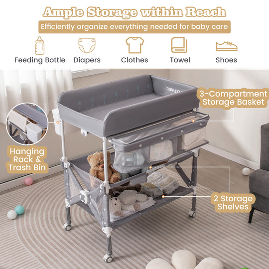 Portable Baby Changing Table with Wheels and Large Storage Rack-Gray