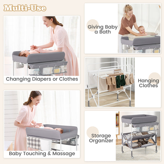 Portable Baby Changing Table with Wheels and Large Storage Rack-Gray