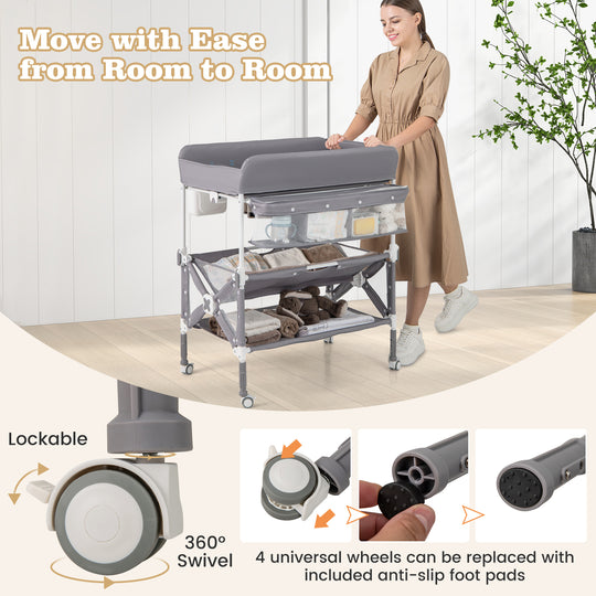 Portable Baby Changing Table with Wheels and Large Storage Rack-Gray