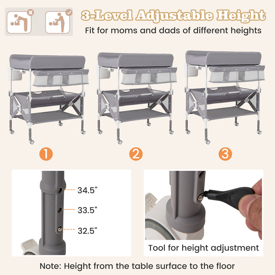 Portable Baby Changing Table with Wheels and Large Storage Rack-Gray