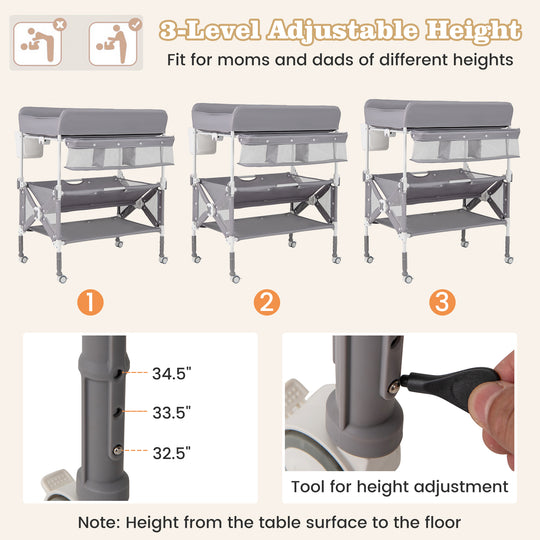 Portable Baby Changing Table with Wheels and Large Storage Rack-Gray
