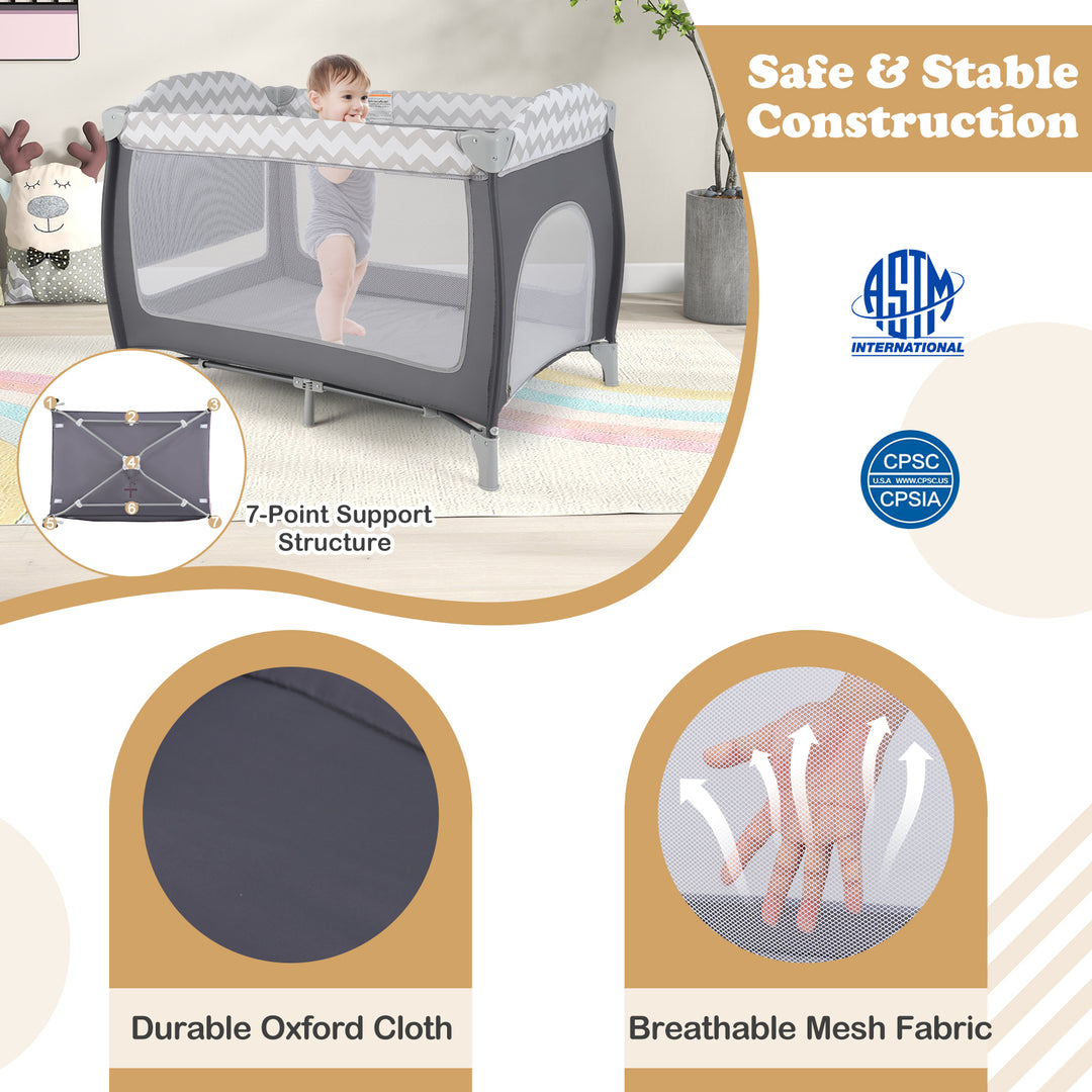 3-in-1 Portable Baby Playard with Zippered Door and Toy Bar-Gray