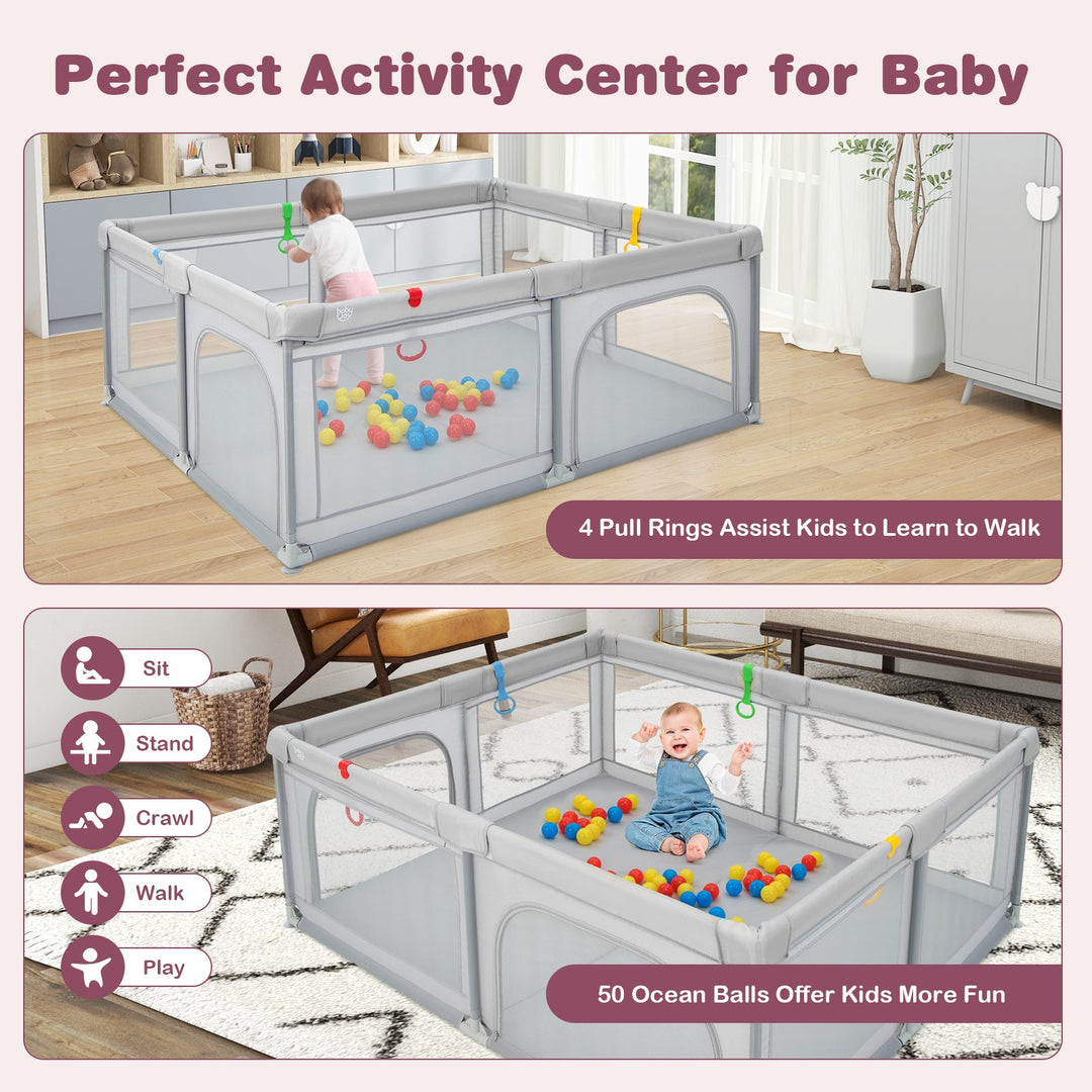 Portable Baby Playpen Large Play Yard with 50 Ocean Balls and 4 Pull Rings-Gray
