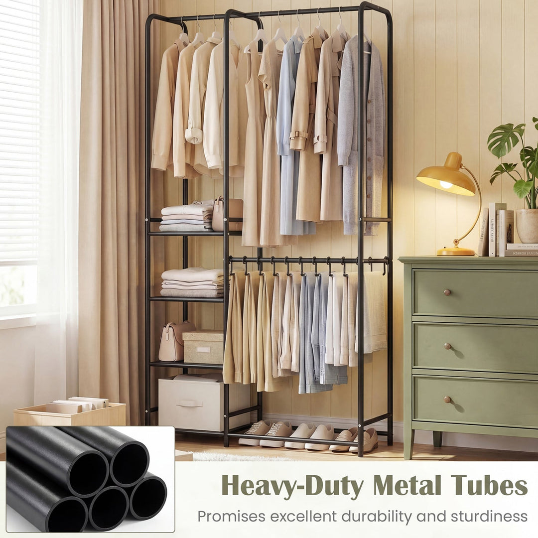 Portable Closet with Pants Hangers and 2 Hanging Rods and 4 Storage Shelves